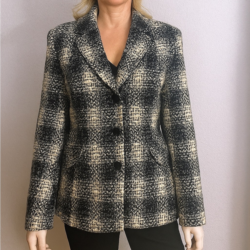 NWOT Women's Plaid Blazer Black Cream Fitted Tailored Jacket‎ Boucle Tweed Style